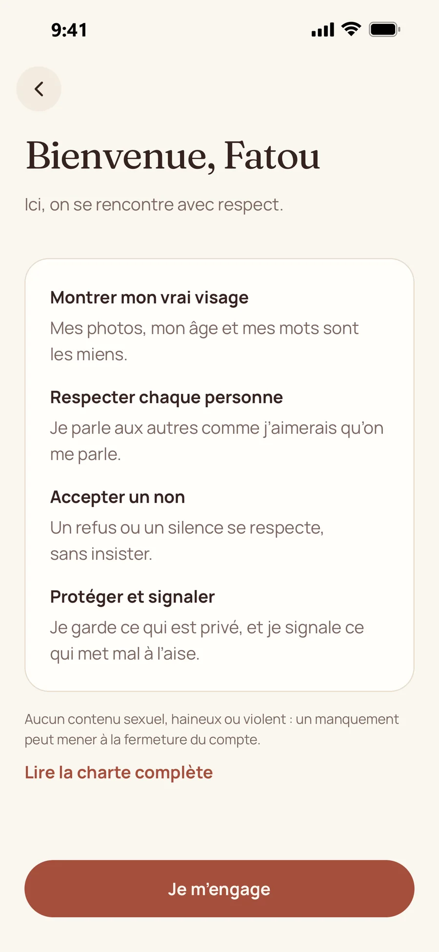Écran de la charte de Nayalio : « Bienvenue, Fatou. Ici, on se rencontre avec respect. » Montrer mon vrai visage, respecter chaque personne, accepter un non, protéger et signaler.