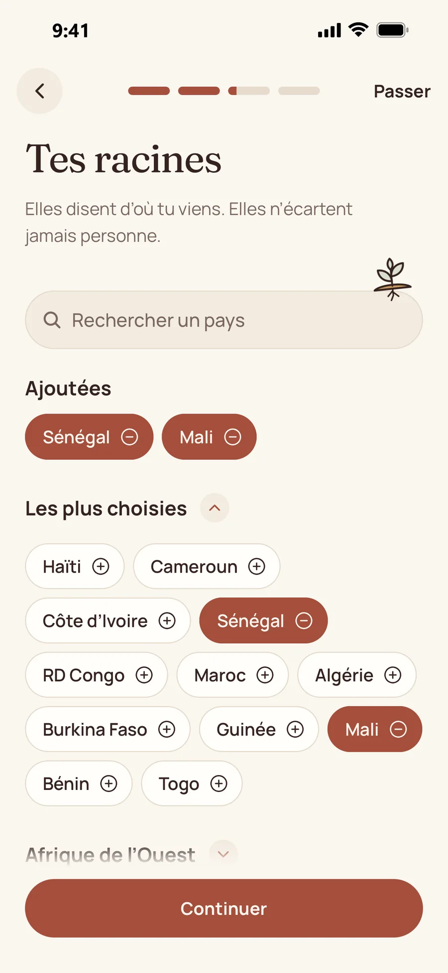 Écran « Tes racines » de l’inscription : le Sénégal et le Mali ajoutés, parmi les pays les plus choisis.