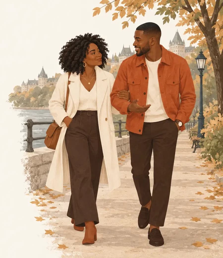 Illustration Nayalio : deux personnes se sourient lors d’une promenade au bord de l’eau.